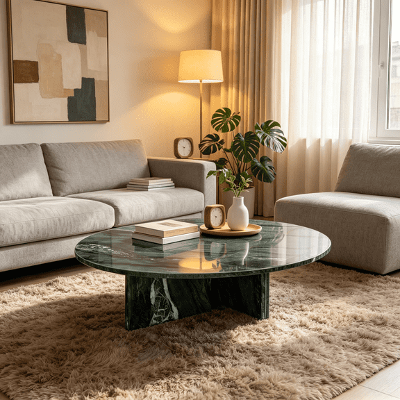 Genuine Green Marble Coffee Table, Round Natural Stone Table with Polished Surface, for Luxury Living Room