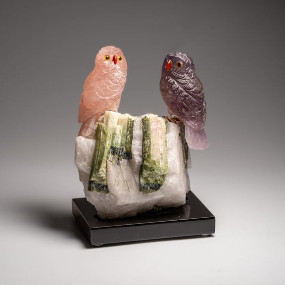 Genuine Hand Carved Fluorite and Rose Quartz Owl on a Green Tourmaline in Quartz Matrix (8"H)