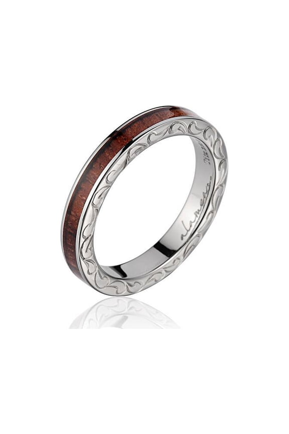 Genuine Hawaiian koa wood hand engraved scroll band ring titanium 3mm size 10
