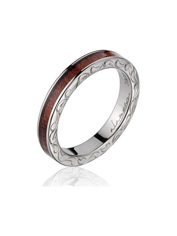 Genuine Hawaiian koa wood hand engraved scroll band ring titanium 3mm size 5