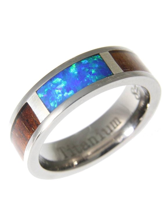 Genuine Hawaiian koa wood inlay synthetic opal band ring titanium comfort fit 6mm size 6