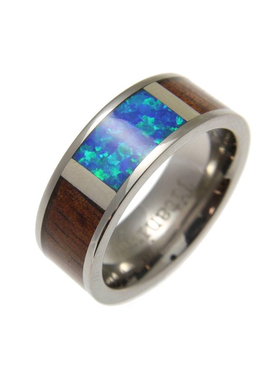 Genuine Hawaiian koa wood inlay synthetic opal band ring titanium comfort fit 8mm size 12