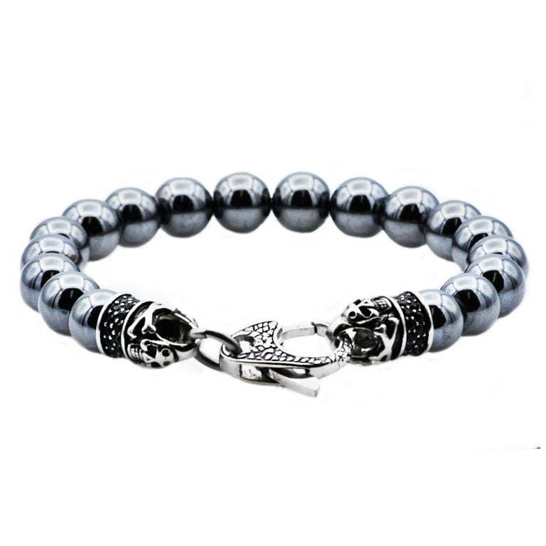 Genuine Hematite Stainless Steel Beaded Men's Bracelet,