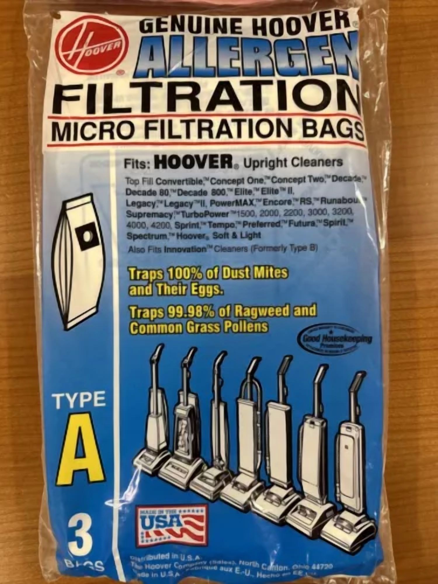 Genuine Hoover Type A Bags Allergen Filtration Fits Upright Cleaners. 3 Pack Nos
