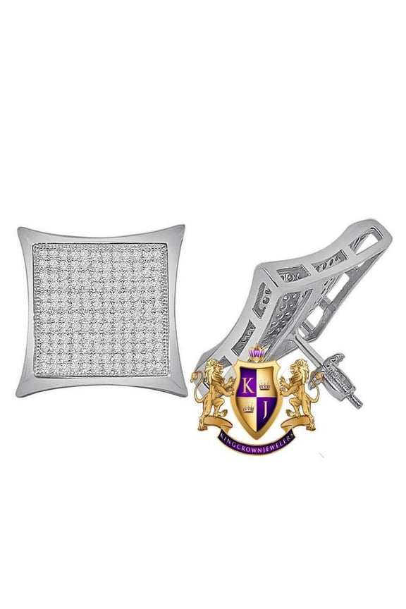 Genuine Italian Sterling Silver 14K White Gold Finish Simulated Diamond Square Kite Big 20 mm Screw Back Stud Earrings