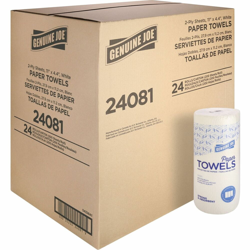 Genuine Joe 2-Ply Household Roll Paper Towels - 4.40 x 11 Inches - 200 Sheets Per Roll - White - Perforated for Kitchen, Multipurpose - 24 Rolls Per Carton
