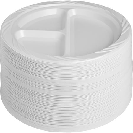 Genuine Joe 3-section Round Plastic Plates, 9", 125 Pack, GJO10425