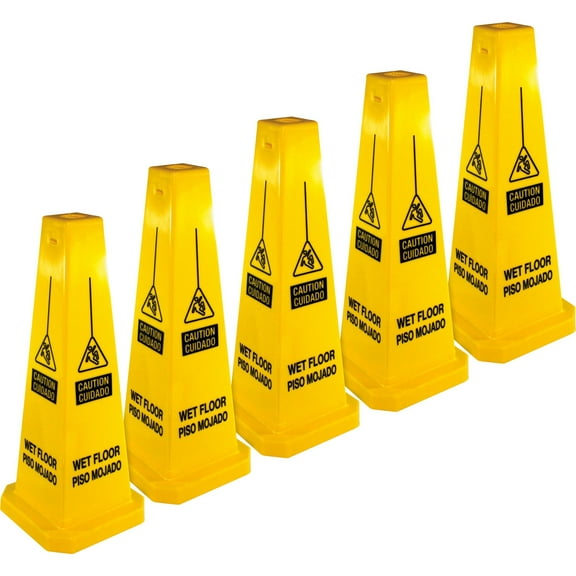 Genuine Joe Bright 4-sided Caution Safety Cone - 5 / Carton - 10" Width X 24" Height - Cone Shape - Stackable, Four Sided - Polypropylene - Yellow