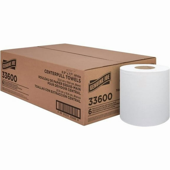 Genuine Joe Centerpull Towel Rolls - 600 Sheets/roll - White - Virgin Fiber - Center Pull, Soft, Absorbent - For Washroom - 6 / Carton