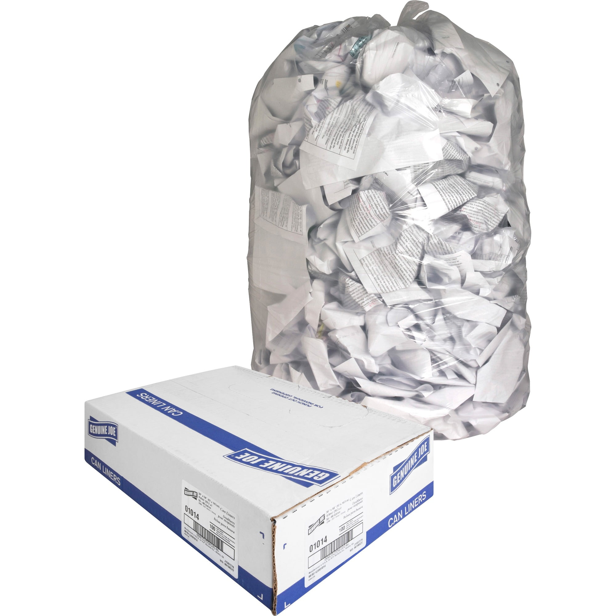 Genuine Joe Solutions Clear Trash Can Liners - Extra Large Size - 60 Gal - 38" Width X 58" Length X 0.80 Mil (20 Micron) Thickness - Low Density