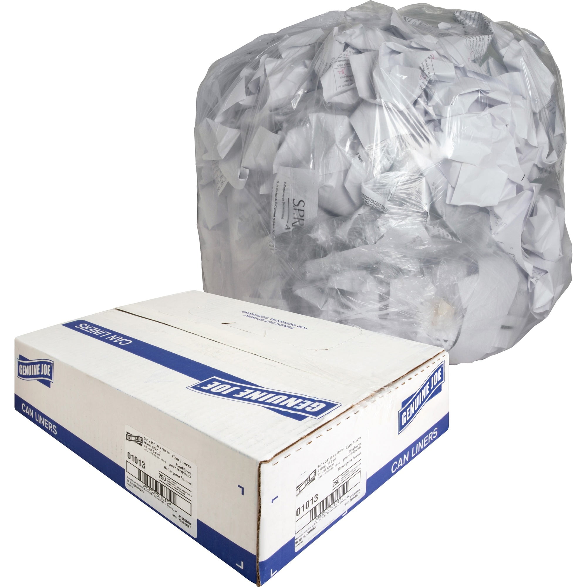 Genuine Joe Clear Trash Can Liners, Medium Size, 33 Gal (15 Micron)