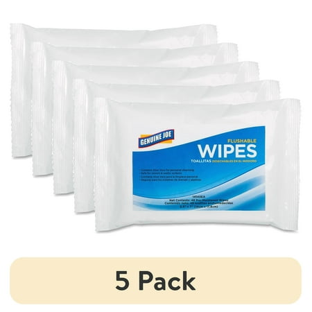 (5 pack) Genuine Joe Flushable Personal Cleansing Wipes, 48 Sheets Per Pack