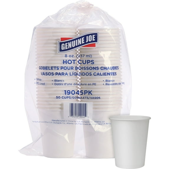 Genuine Joe, GJO19045PK, Lined Disposable Hot Cups, 50/Pack, White, 8 fl oz