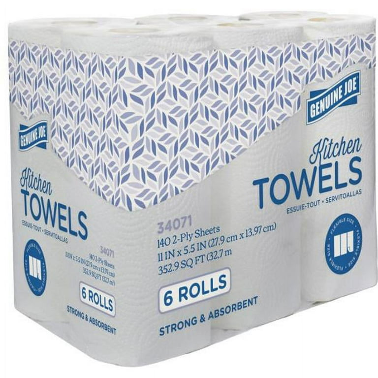 Genuine Joe Kitchen Paper Towels - 2 Ply - 140 Sheets/Roll - White - Perforated, Soft, Absorbent - For Kitchen, Breakroom, Hand - 6 Rolls Per Container - 4 / Carton Genuine Joe Kitchen Paper Towels - 2 Ply - 140 Sheets/Roll - White - Perforated, Soft, Absorbent - For Kitchen, Breakroom, Hand - 6 Rolls Per Container - 4 / Carton
