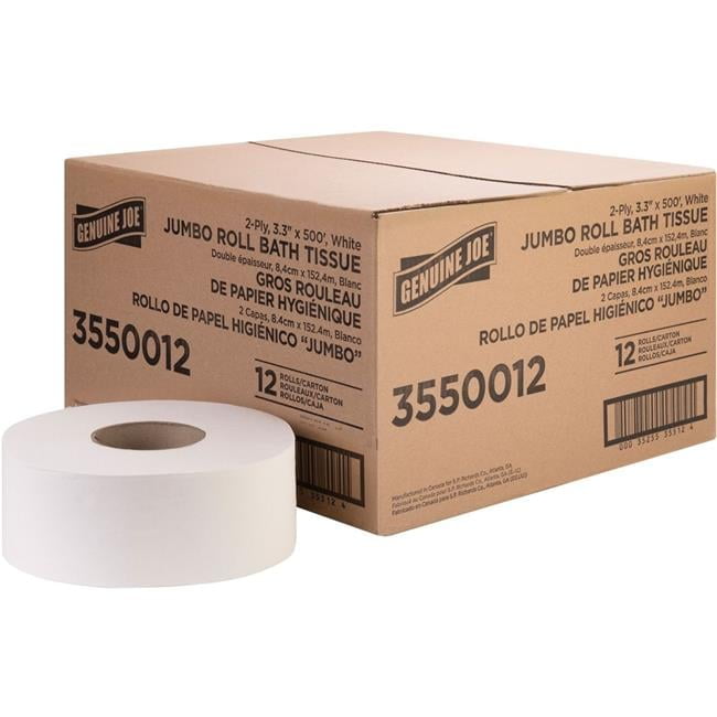 Genuine Joe GJO3550012 3.30 in. x 500 ft., 8.88 in. Dia. 2-Ply Jumbo Jr Dispenser Bath Tissue Roll, White