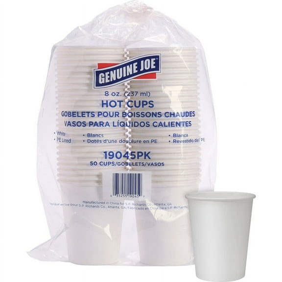Genuine Joe Lined Disposable Hot Cups - 8 fl oz - 250 / Bundle - White - Polyurethane - Hot Drink | Bundle of 5 Bundles