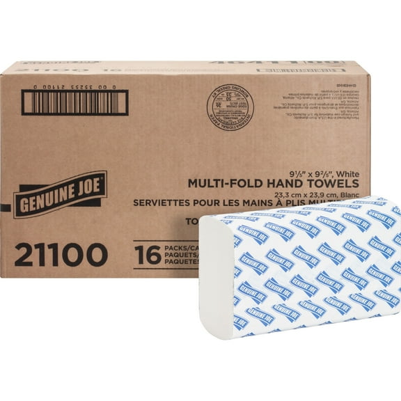 Genuine Joe Multifold Towels - 1 Ply - Multifold - 9.20" X 9.40" - White - Interfolded, Embossed, Anti-contamination, Chlorine-free, Absorbent, Moisture Resistant - For Restroom, Public Facilities