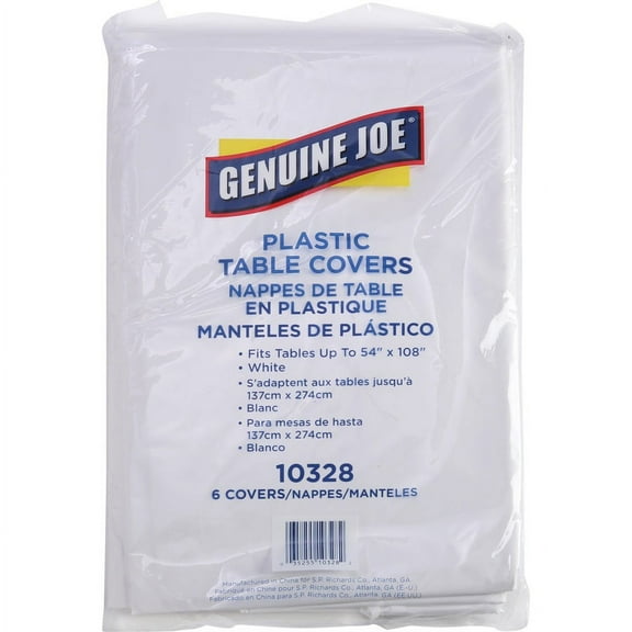 Genuine Joe Plastic Rectangular Table Covers - 108" Length x 54" Width - Plastic - White - 6 / Pack | Bundle of 2 Packs