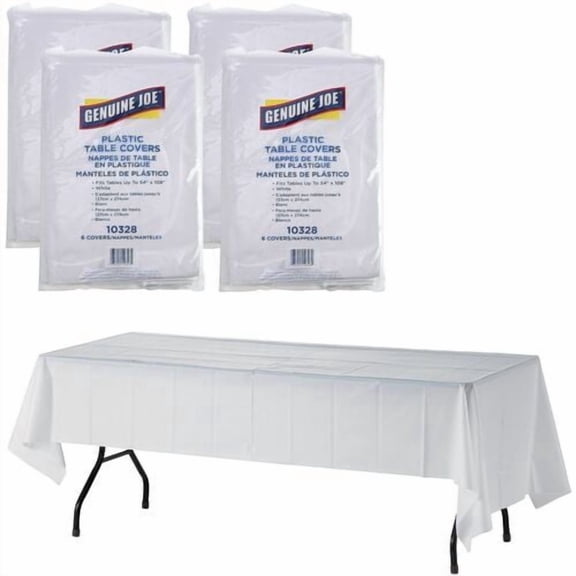 Genuine Joe Plastic Rectangular Table Covers, 108" Length x 54" Width, White (10328CT) | 5 Cartons (20 Packs)