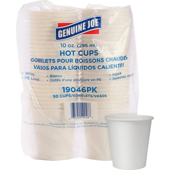 Genuine Joe Polyurethane-lined Disposable Hot Cups - 10 fl oz - 50 / Pack - White - Polyurethane - Beverage, Hot Drink | Bundle of 5 Packs
