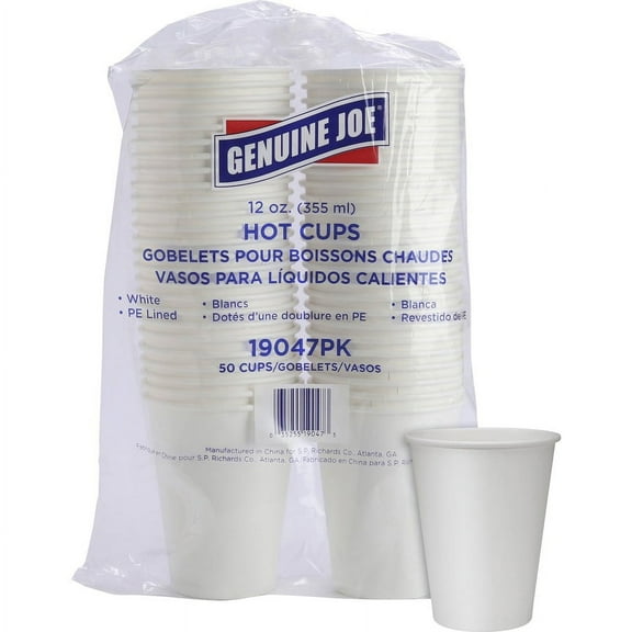 Genuine Joe Polyurethane-lined Disposable Hot Cups - 12 fl oz - 50 / Pack - White - Polyurethane - Beverage, Hot Drink | Bundle of 5 Packs