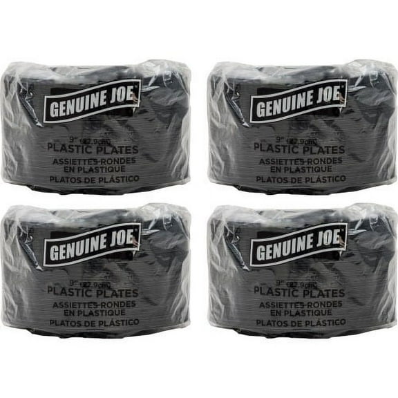 Genuine Joe Round Plastic Black Plates 125 / Pack - 9" Diameter Plate - Plastic - Serving - Disposable - Black - 500 Piece(s) / Carton