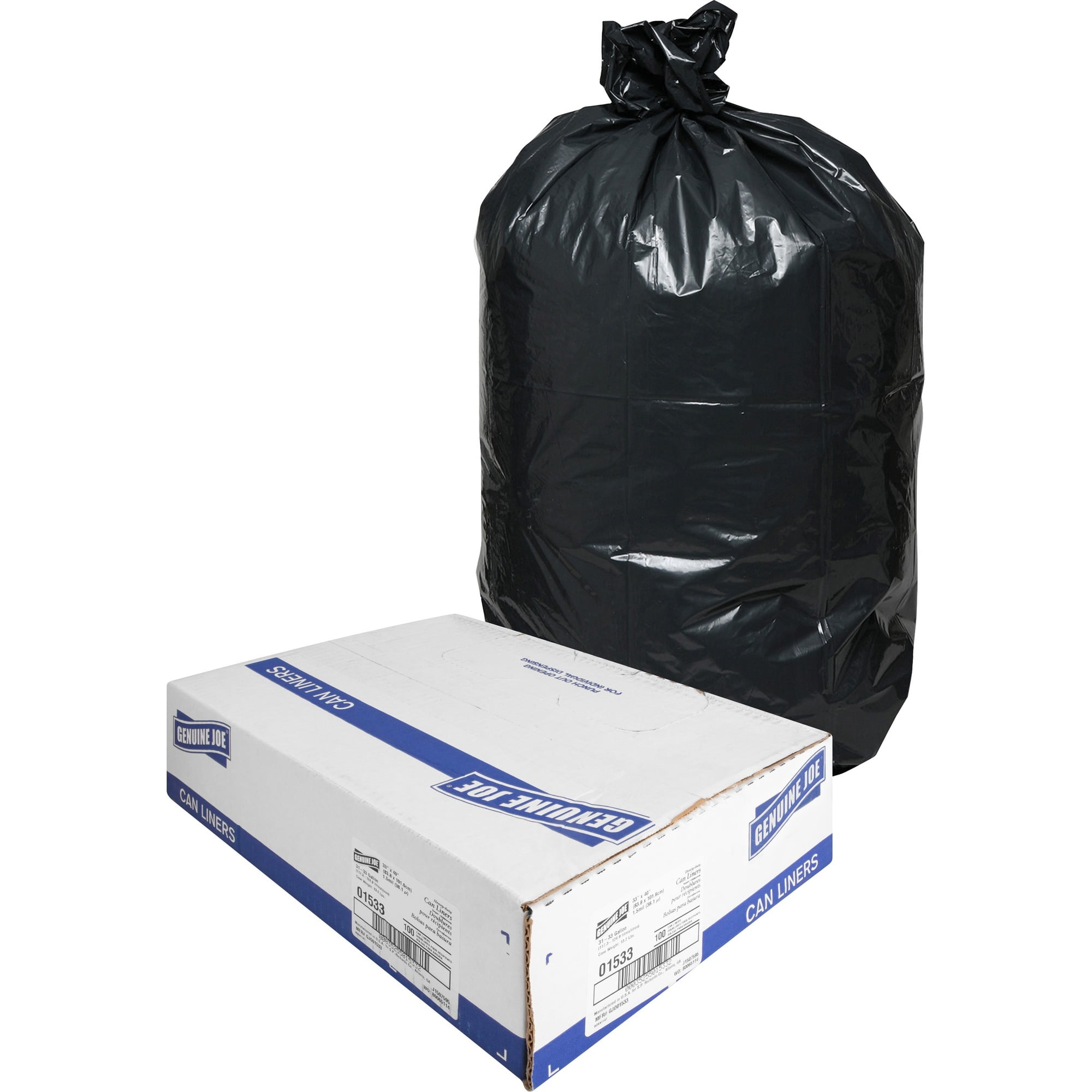 Genuine Joe Solutions Heavy-duty Trash Can Liners, Medium Size, 33 Gal Capacity, 33" W x 40" L x 1.50 mil Low Density , Black, 100 Count