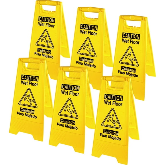 Genuine Joe Universal Graphic Wet Floor Sign - 6 / Carton - Wet Floor Print/message - Foldable - Yellow
