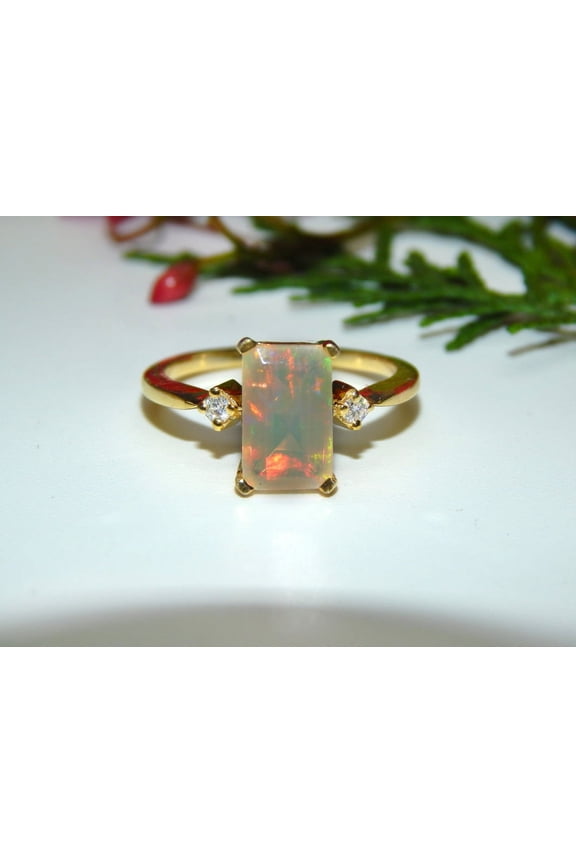 Genuine Lab-Grown Diamond and Real Lab-Grown Fire Opal Ring in 925 Sterling Silver ,Yellow Gold Plated Rings