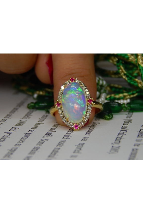 Genuine Lab-Grown Fire Opal Oval, Moissanite, Lab Ruby Ring in 925 Rose Gold Plated for Women (Size-10x12mm | 4.2 ct) | April Birthstone Jewelry for Her | Lab-Grown Fire Opal Engagement Rings