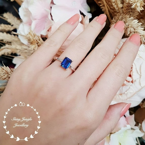Genuine Lab Grown Royal Blue emerald cut sapphire engagement ring, rectangular sapphire