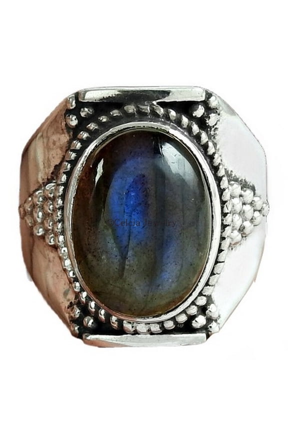 Genuine Labradorite Blue Fire Gemstone Oval Ring, Designer Band Ring, Statement Promise Ring, Spiritual Gifts, Initial Ring, Cocktail Ring, Bohemian June Birthstone (Labradorite, Size 7)