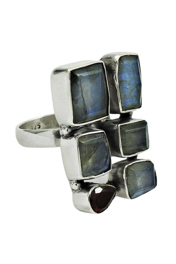Genuine Labradorite & Garnet Healing Gemstone Ring, Solid 925 Sterling Silver, Antique Designer Jewelry For Womens Wedding Band Ring, Multi Stone Ring, Stackable Ring, Mothers Day&nbsp;Gifts (7)