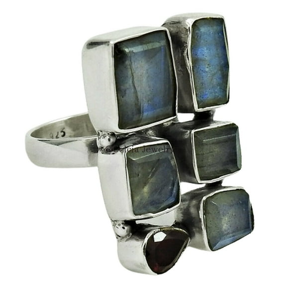 Genuine Labradorite & Garnet Healing Gemstone Ring, Solid 925 Sterling Silver, Antique Designer Jewelry For Womens Wedding Band Ring, Multi Stone Ring, Stackable Ring, Mothers Day Gifts (7)