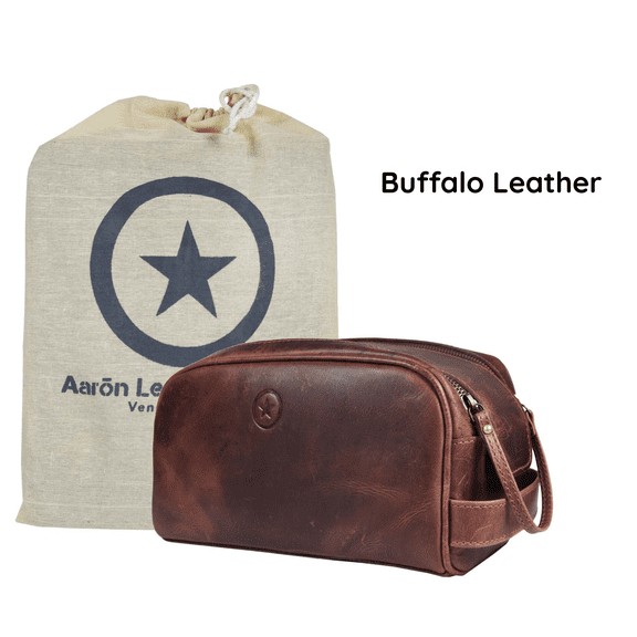 Genuine Leather 10" Toiletry Travel Pouch with water proof Lining | Handcrafted Dopp Kit By Aaron Leather Goods