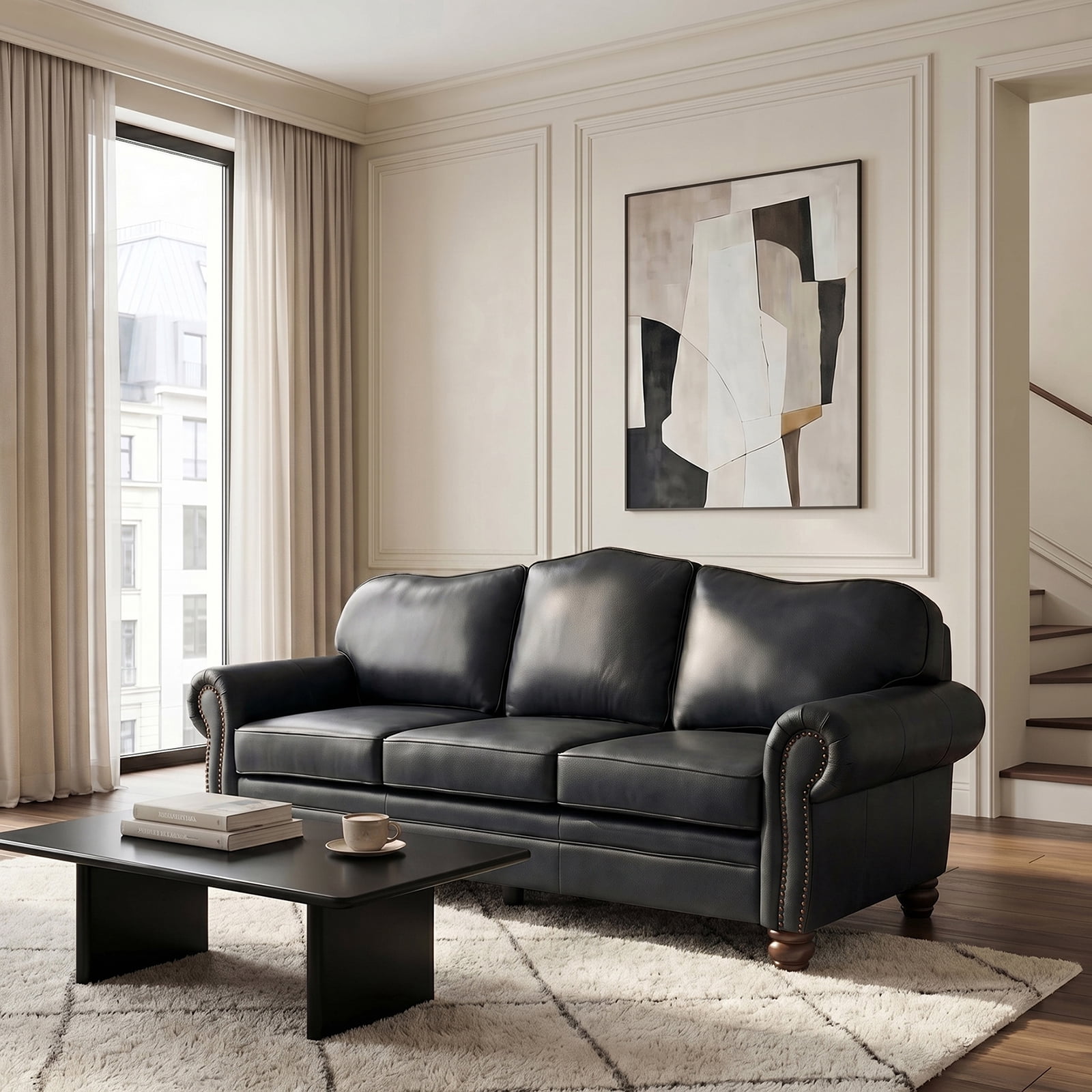 Stylish Furniture: Genuine Leather 3-Seater Black Couch with