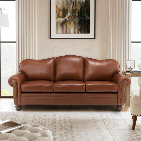 Genuine Leather 3 Seater Sofa with Rolled Arms Nailhead Trims Solid Wooden Legs Living Room Reading Brown
