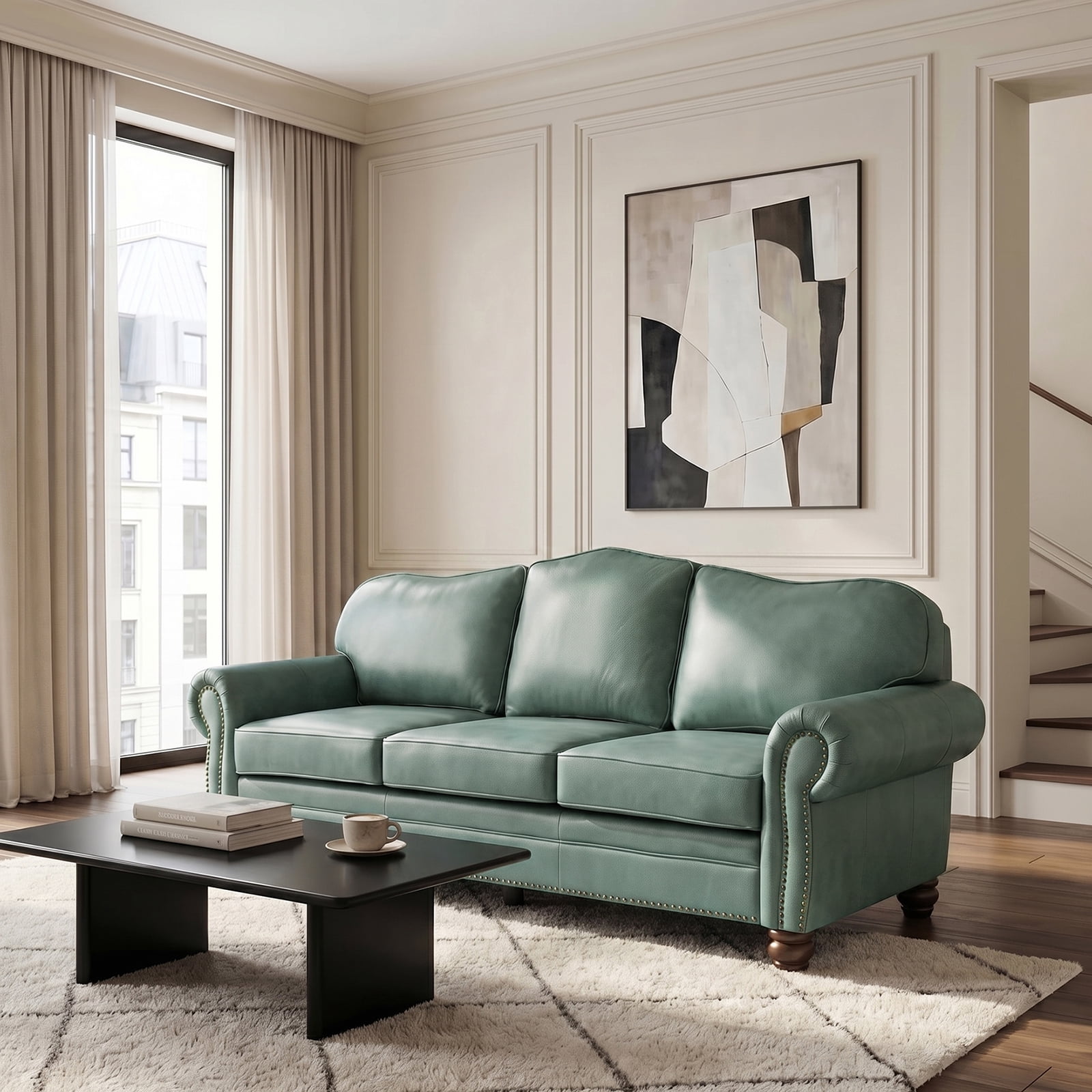 Stylish Furniture: Genuine Leather 3-Seater Black Couch with