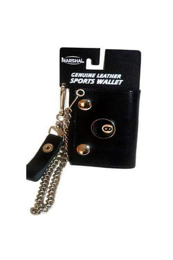 Genuine Leather 8 Ball Logo Trifold Biker's Wallet ID Card Holder w/ Chain 1046-10 (C)