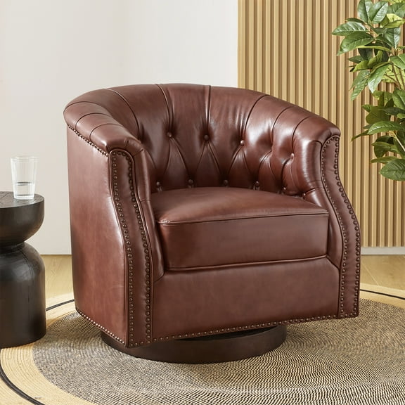 Genuine Leather Accent Chair with 360-Degree Swivel Base Nailhead Trims Armchair Apartment Brown