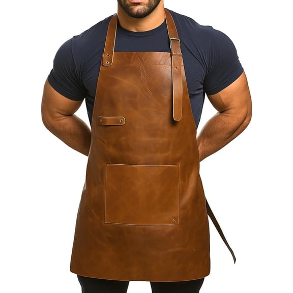 Genuine Leather Apron for Men, Adjustable Straps & Tool Pockets, Premium BBQ, Cooking, Blacksmith, Shop, Welding, Woodworking, Bartender Work Apron (Single Pocket - Brown)