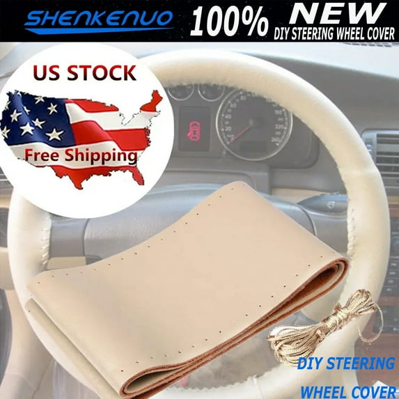 Genuine Leather Auto Car DIY Steering Wheel Cover With Needles and Thread Beige,SHENKENU