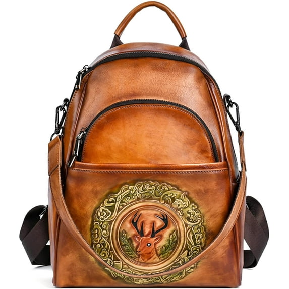 Genuine Leather Backpack for Women, Vintage Deer Head Embossing Bookbags Ladies Crossbody Shoulder Bags