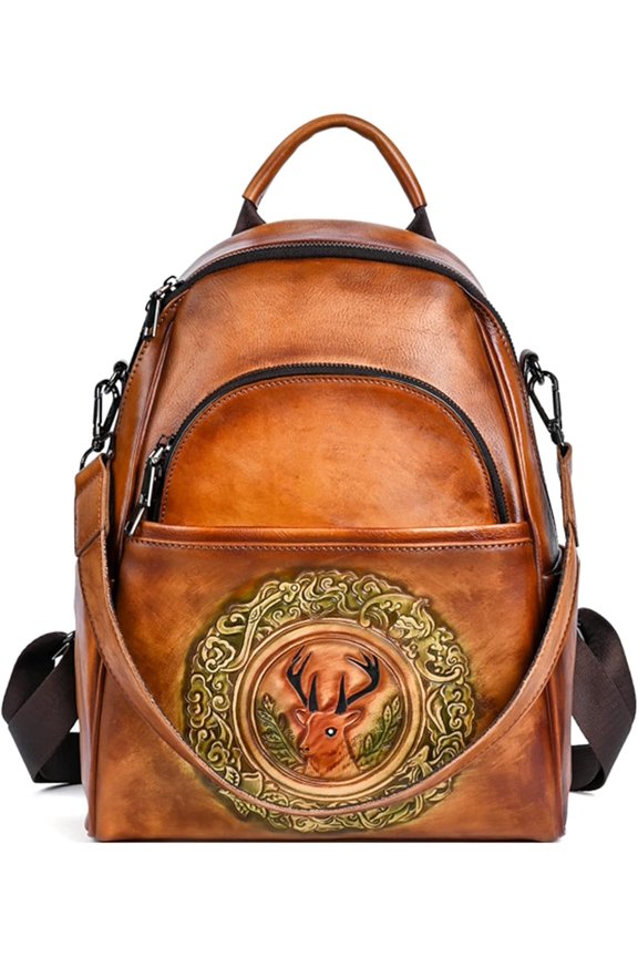 Genuine Leather Backpack for Women, Vintage Deer Head Embossing Bookbags Ladies Crossbody Shoulder Bags