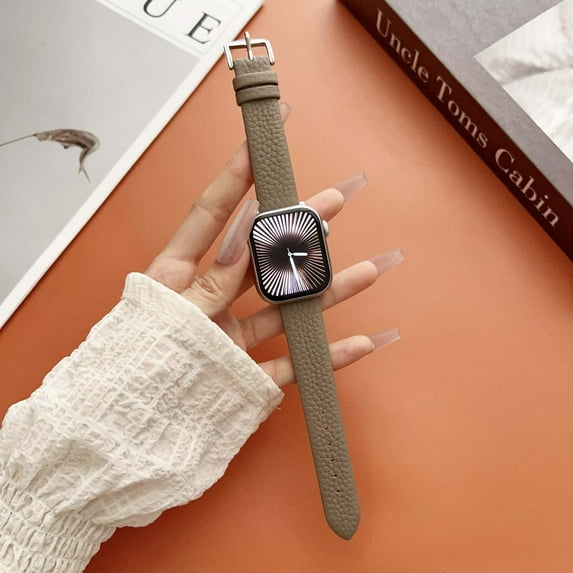 Genuine Leather Band for Apple Watch 38/40/41/42mm(S10), for iWatch Ultra SE Series 10 9 8 7 6 5 4 3 2 1, Litchi Grain Slim Strap for Women, with Adjustable Metal Buckle, Gray