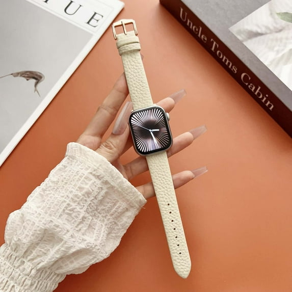 Genuine Leather Band for Apple Watch 38/40/41/42mm(S10), for iWatch Ultra SE Series 10 9 8 7 6 5 4 3 2 1, Litchi Grain Slim Strap for Women, with Adjustable Metal Buckle, White