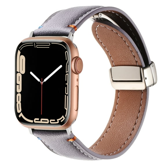 Genuine Leather Band for Apple Watch 38mm 40mm 41mm 42mm(Series 10), Magnetic Adjustable Strap Replacement Watch Band for iWatch Series 10/9/8/7/6/5/4/3/2/1/SE, Purple