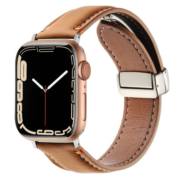 Genuine Leather Band for Apple Watch 38mm 40mm 41mm 42mm(Series 10), Magnetic Adjustable Strap Replacement Watch Band for iWatch Series 10/9/8/7/6/5/4/3/2/1/SE, Brown