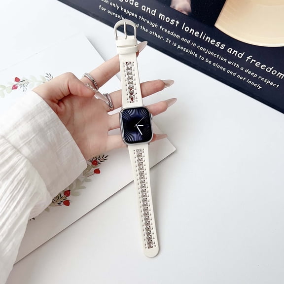 Genuine Leather Band Compatible with Apple Watch Bands 42(Series 1/2/3)/44/45/46/49mm Women, Dressy Premium Strap with Metal Chain for iWatch Ultra Series 10/9/8/7/6/5/4/3/2/1/SE, White