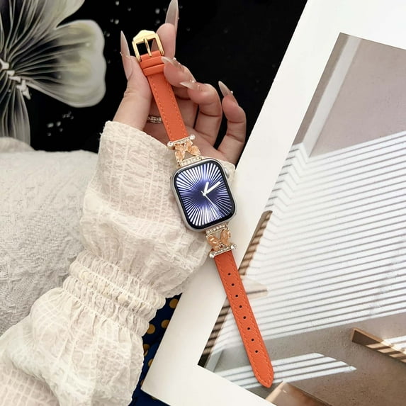 Genuine Leather Bands for Apple Watch 38/40/41/42mm(S10), Thin Dressy Strap with Bling Butterfly Metal Buckle for Women Girls, for iWatch Series 10 9 8 SE Ultra 7 6 5 4 3 2 1, Orange